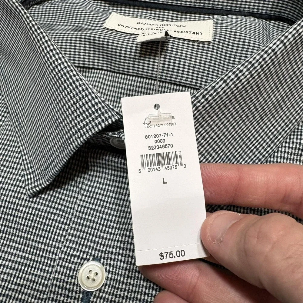 NWT Banana Republic Shirt Mens Large Gray Houndstooth Untucked Dress Stretch LS